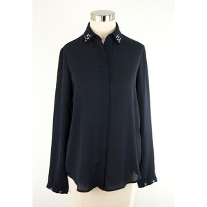 Zara Basic Navy Blue Beaded Collar Blouse S